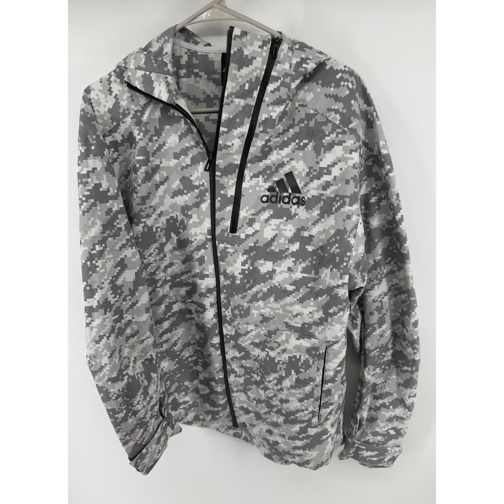 Adidas Men's Small Gray Digital Camo Hooded Windbreaker Full Zip Jacket